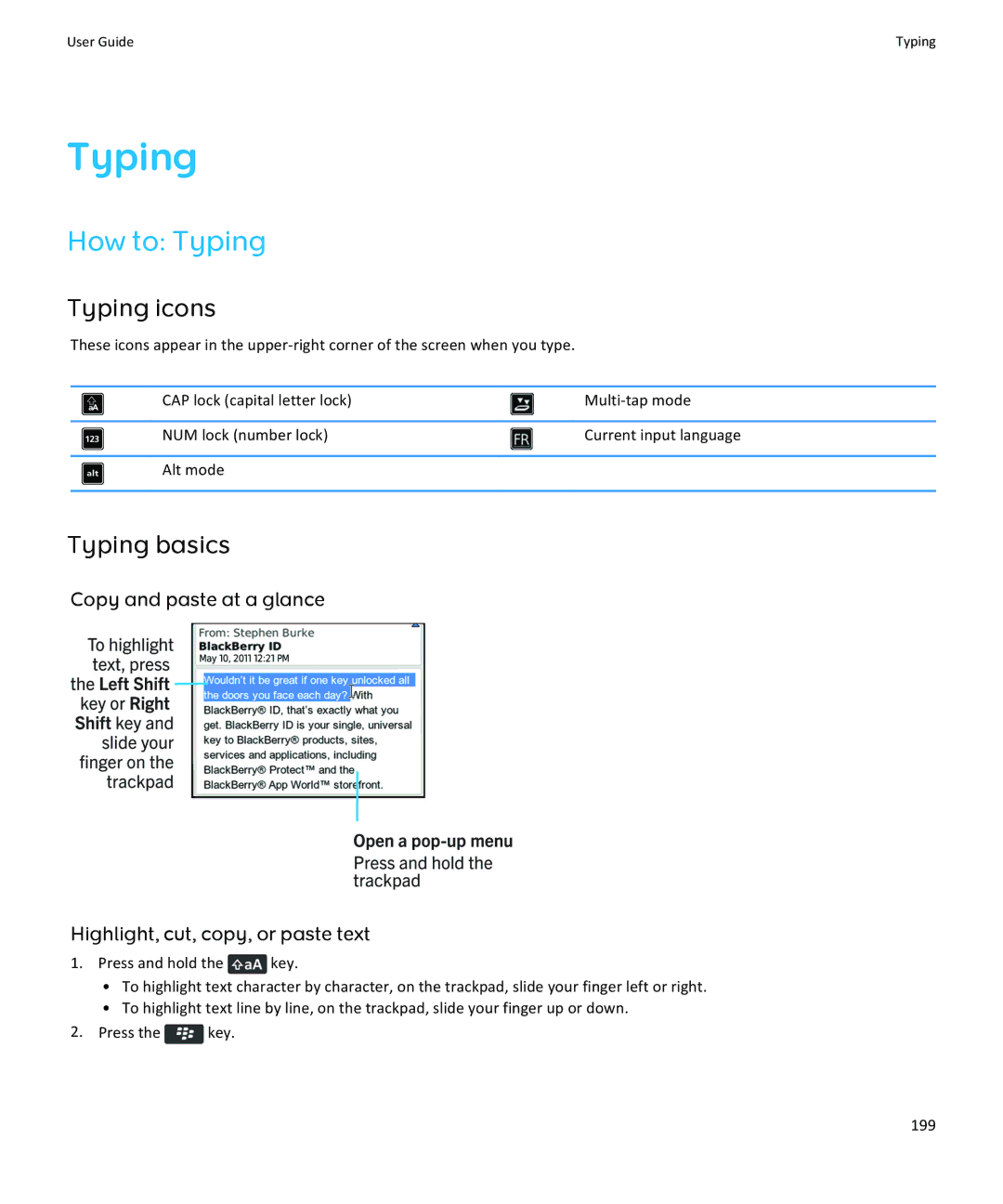 Blackberry 9360, 9350, 9370 manual How to Typing, Typing icons, Typing basics 