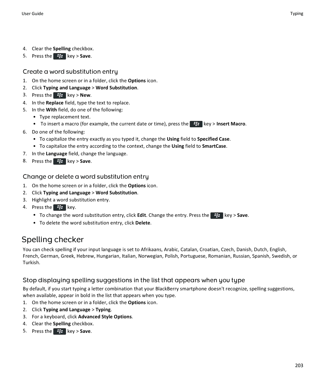 Blackberry 9350, 9360, 9370 Spelling checker, Create a word substitution entry, Change or delete a word substitution entry 