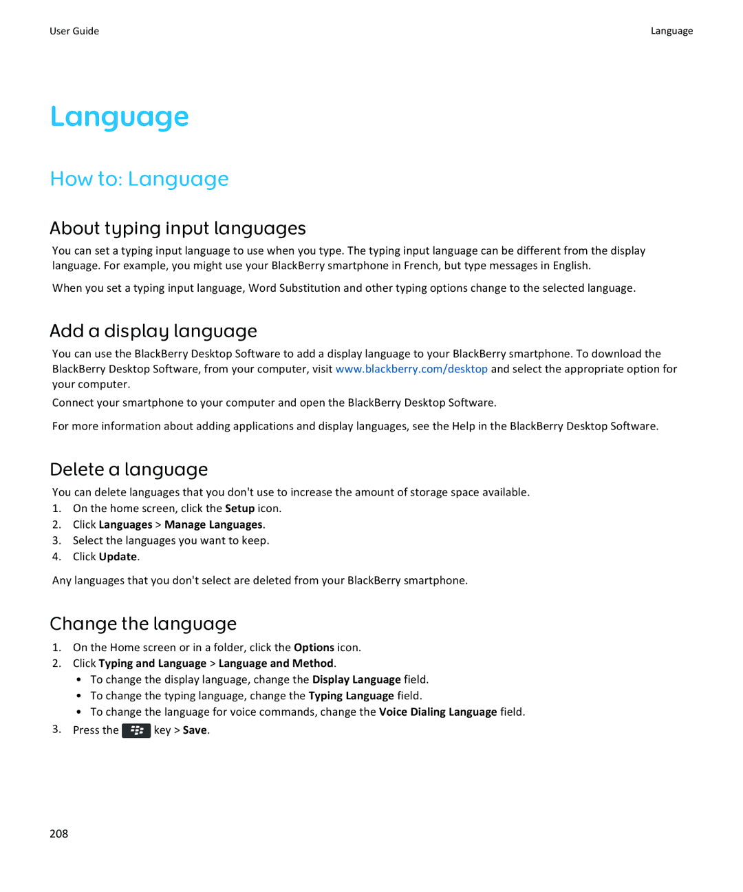 Blackberry 9360, 9350, 9370 How to Language, About typing input languages, Add a display language, Delete a language 