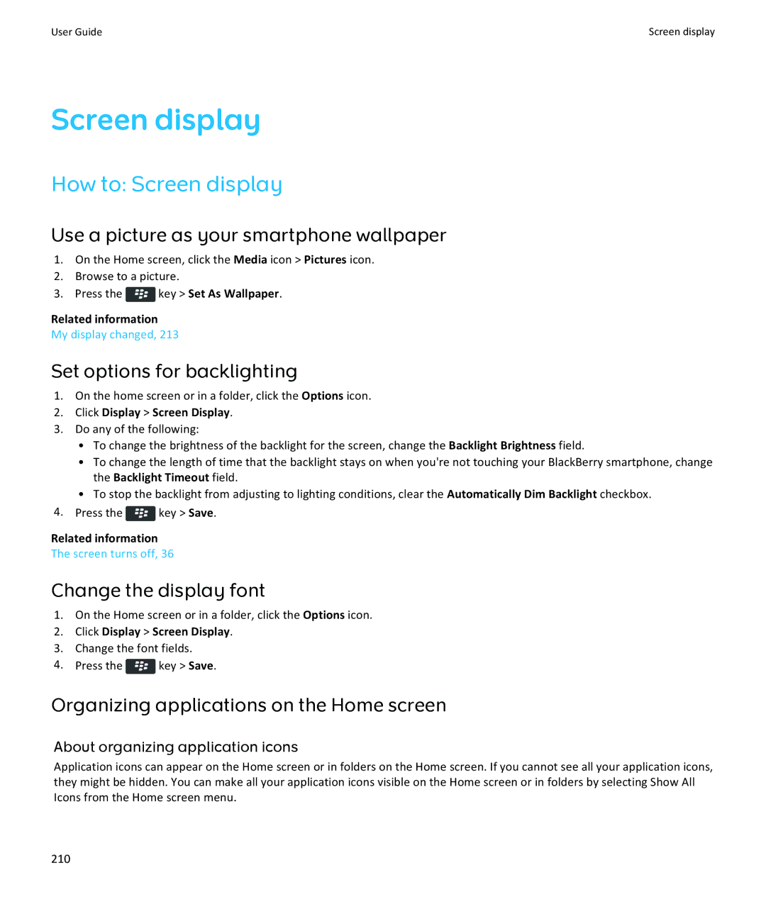 Blackberry 9370, 9360 How to Screen display, Set options for backlighting, Organizing applications on the Home screen 