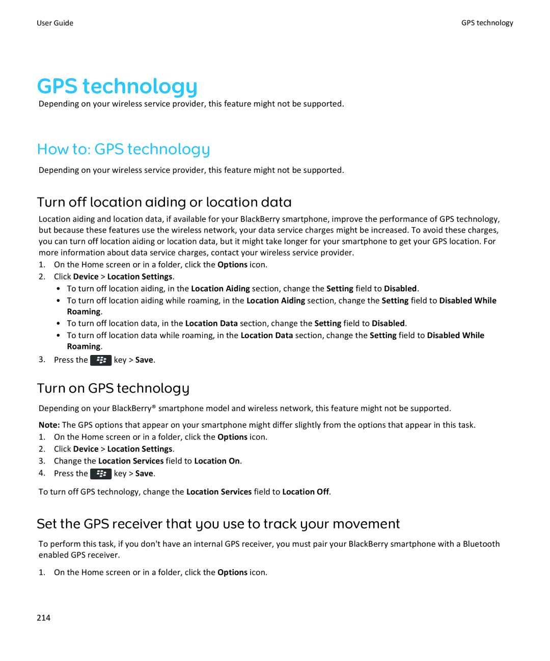 Blackberry 9360, 9350, 9370 How to GPS technology, Turn off location aiding or location data, Turn on GPS technology 