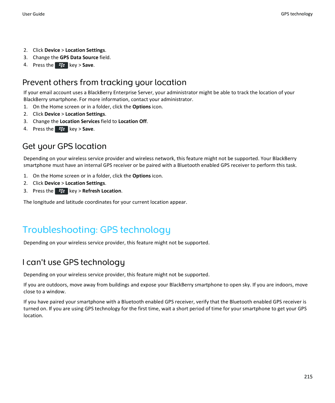 Blackberry 9350, 9360 Troubleshooting GPS technology, Prevent others from tracking your location, Get your GPS location 