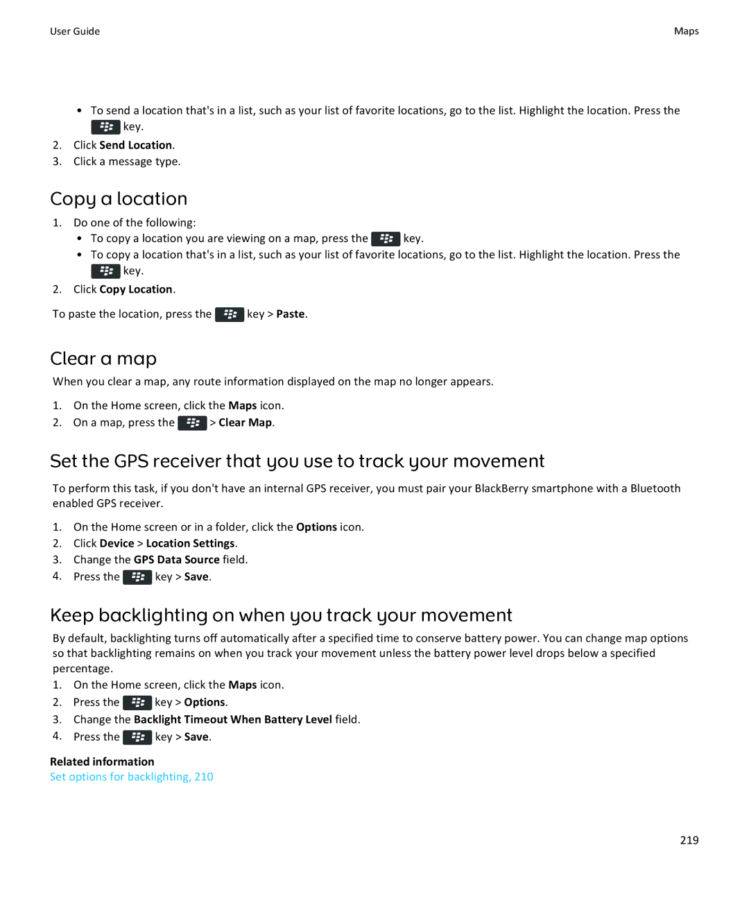 Blackberry 9370, 9360, 9350 manual Copy a location, Clear a map, Keep backlighting on when you track your movement 