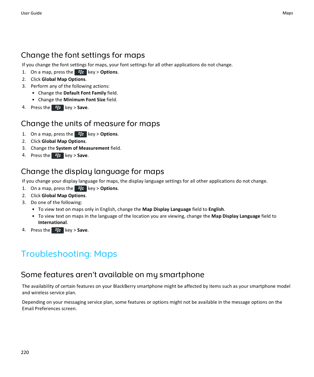 Blackberry 9360, 9350, 9370 Troubleshooting Maps, Change the font settings for maps, Change the units of measure for maps 