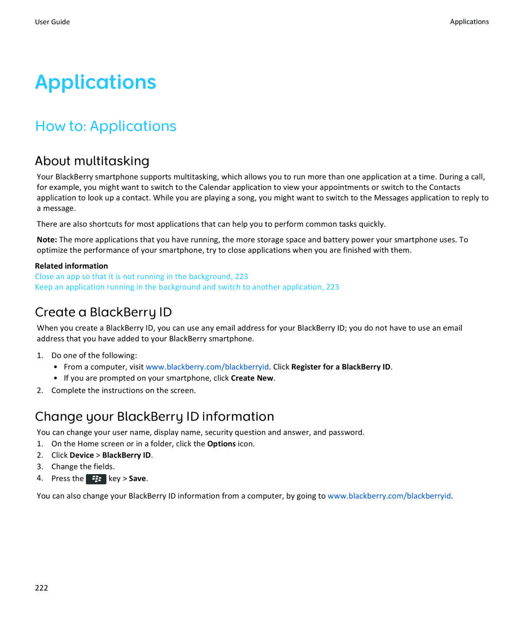 Blackberry 9370 How to Applications, About multitasking, Create a BlackBerry ID, Change your BlackBerry ID information 