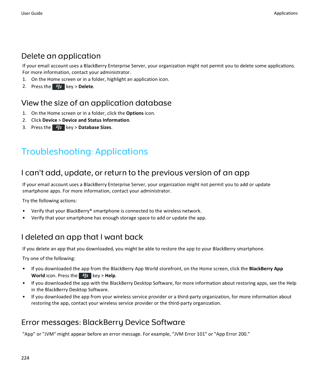 Blackberry 9350, 9360, 9370 Troubleshooting Applications, Delete an application, View the size of an application database 