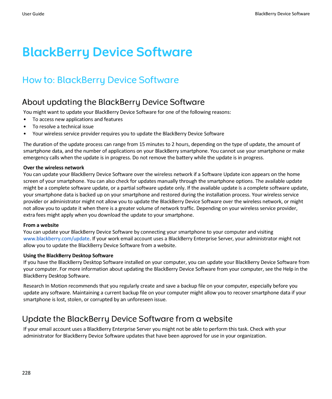 Blackberry 9370, 9360, 9350 manual How to BlackBerry Device Software, About updating the BlackBerry Device Software 