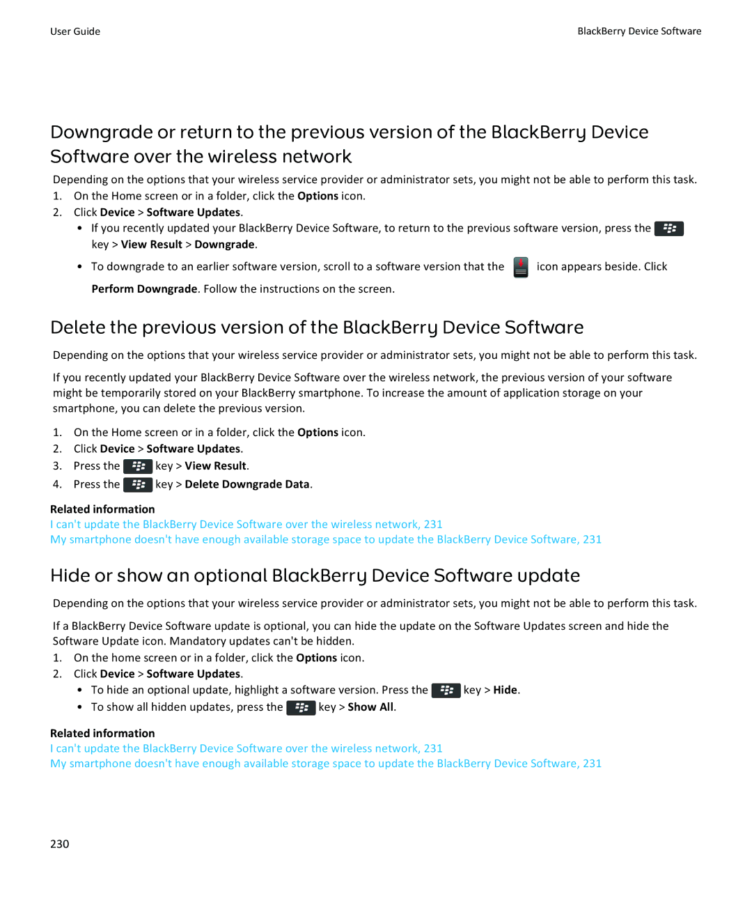 Blackberry 9350, 9360, 9370 Hide or show an optional BlackBerry Device Software update, Click Device Software Updates, 230 