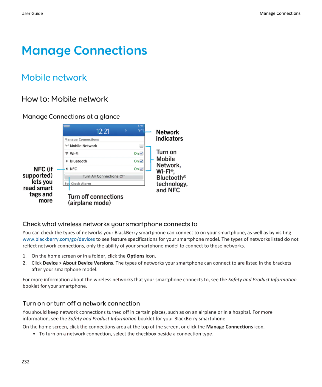 Blackberry 9360, 9350, 9370 manual Manage Connections, How to Mobile network, Turn on or turn off a network connection 