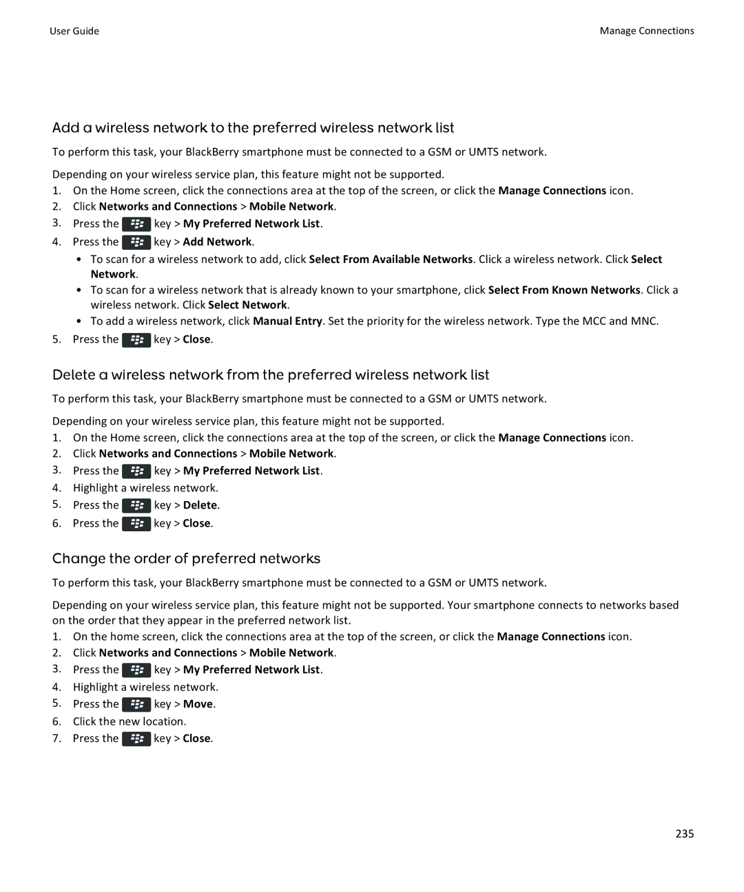 Blackberry 9360, 9350, 9370 manual Change the order of preferred networks 