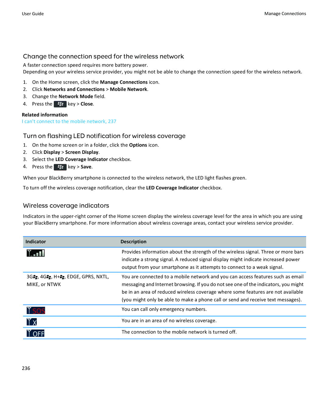 Blackberry 9350, 9360, 9370 manual Change the connection speed for the wireless network, Wireless coverage indicators 