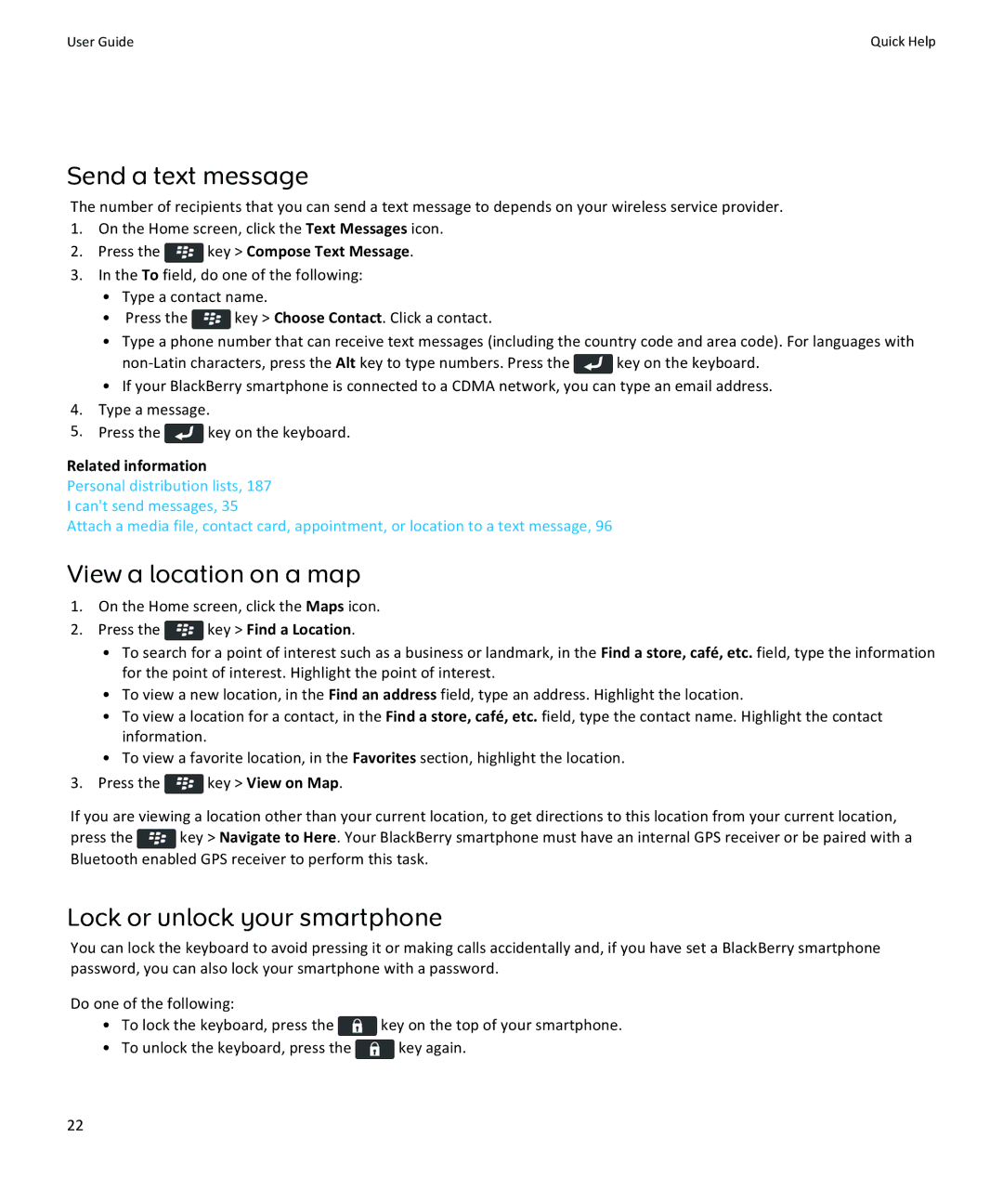 Blackberry 9360, 9350, 9370 manual Send a text message, View a location on a map, Lock or unlock your smartphone 