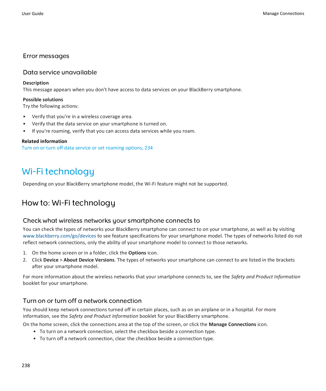 Blackberry 9360, 9350, 9370 manual How to Wi-Fi technology, Error messages Data service unavailable, Possible solutions 