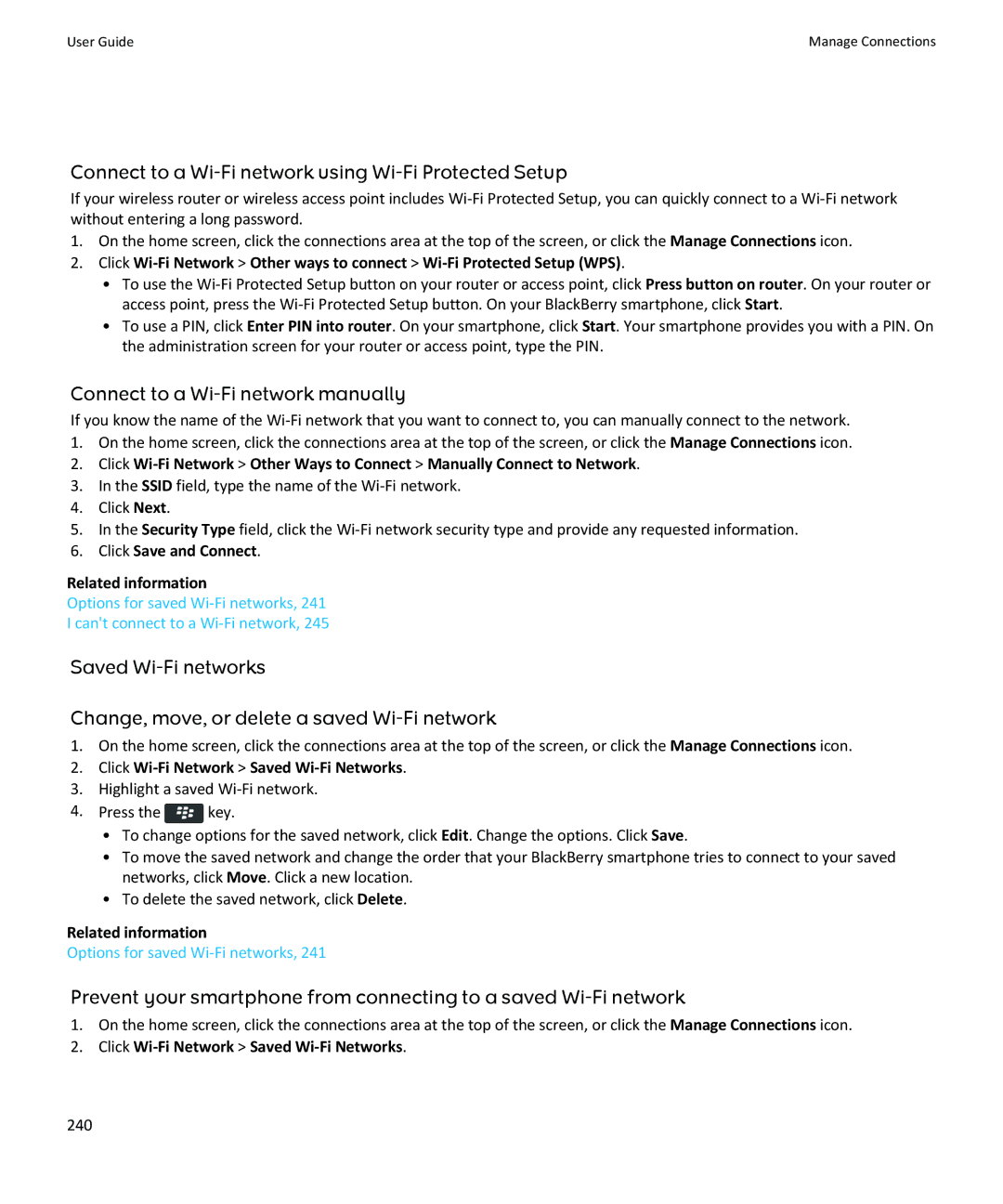 Blackberry 9370, 9360 Connect to a Wi-Fi network using Wi-Fi Protected Setup, Connect to a Wi-Fi network manually, 240 