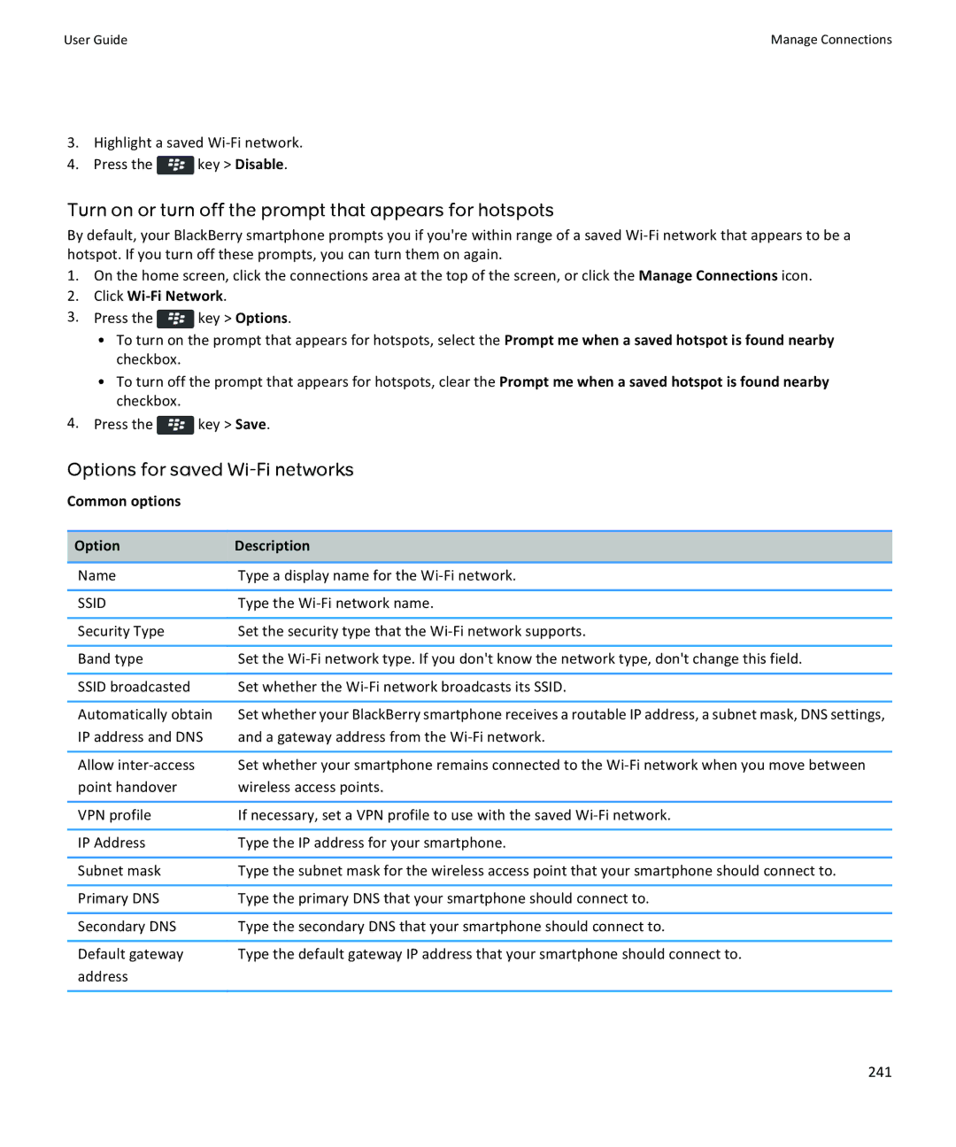 Blackberry 9360, 9350, 9370 manual Turn on or turn off the prompt that appears for hotspots, Options for saved Wi-Fi networks 