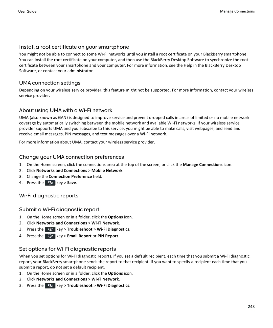 Blackberry 9370, 9360, 9350 manual Install a root certificate on your smartphone, UMA connection settings 