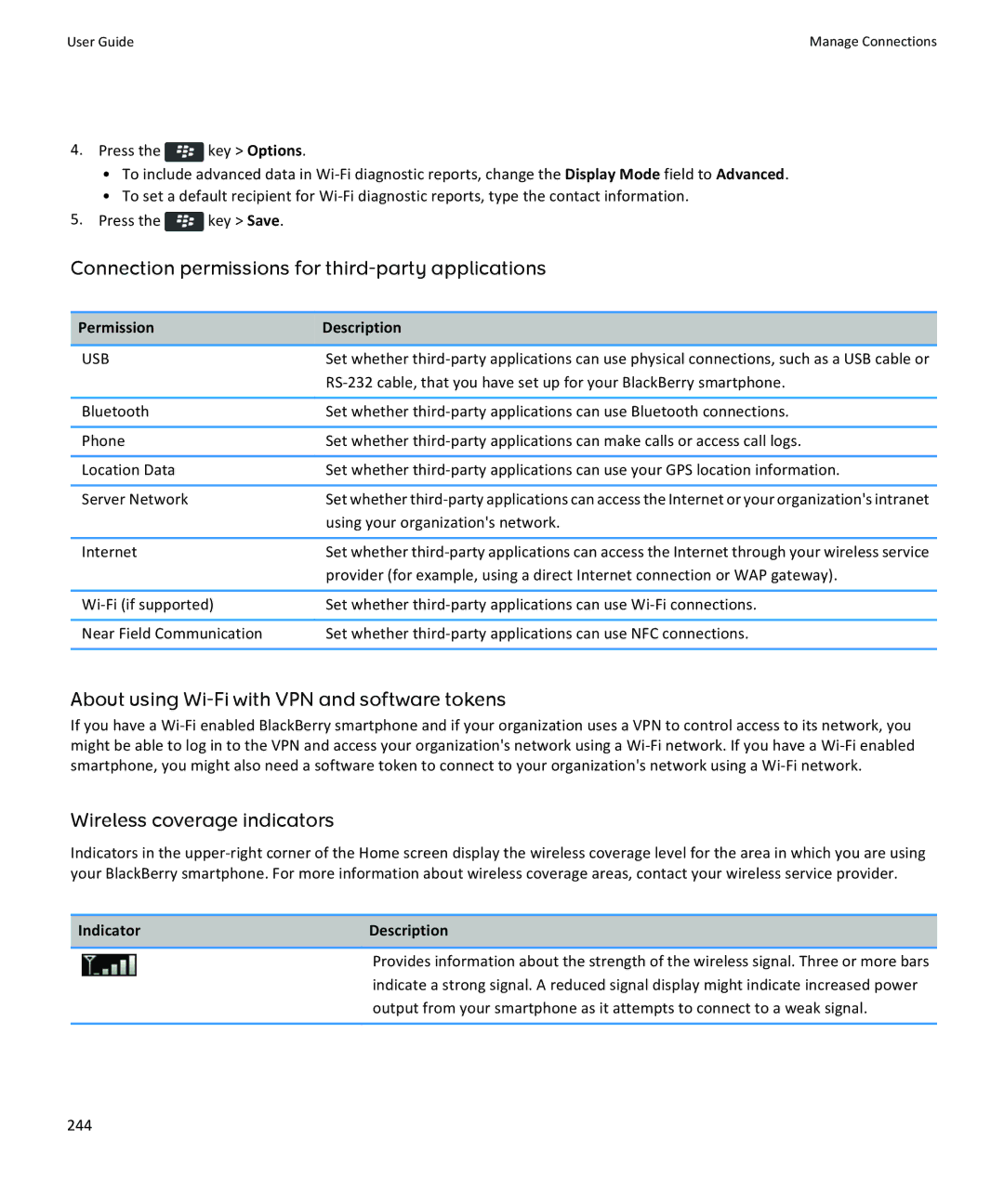 Blackberry 9360, 9350 Connection permissions for third-party applications, About using Wi-Fi with VPN and software tokens 