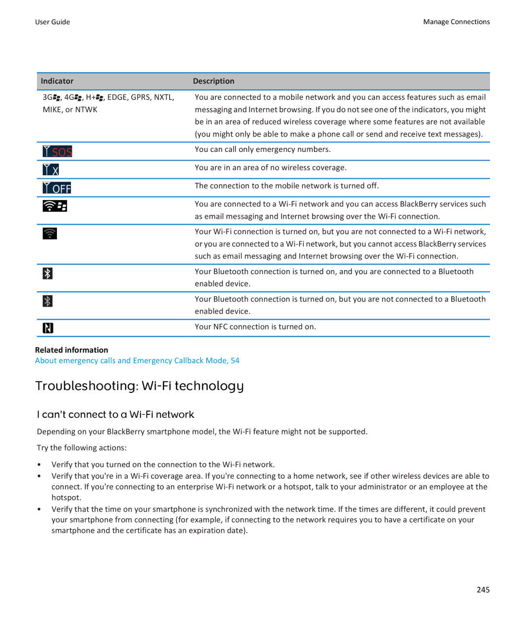 Blackberry 9350, 9360, 9370 manual Troubleshooting Wi-Fi technology, Cant connect to a Wi-Fi network 