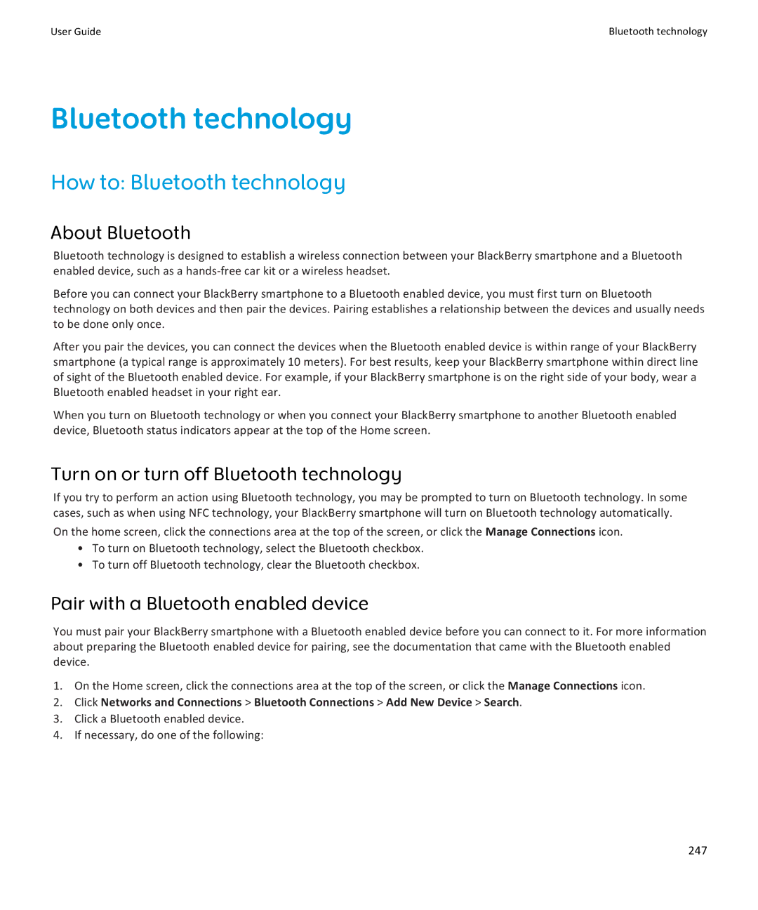 Blackberry 9360, 9350, 9370 manual How to Bluetooth technology, About Bluetooth, Turn on or turn off Bluetooth technology 