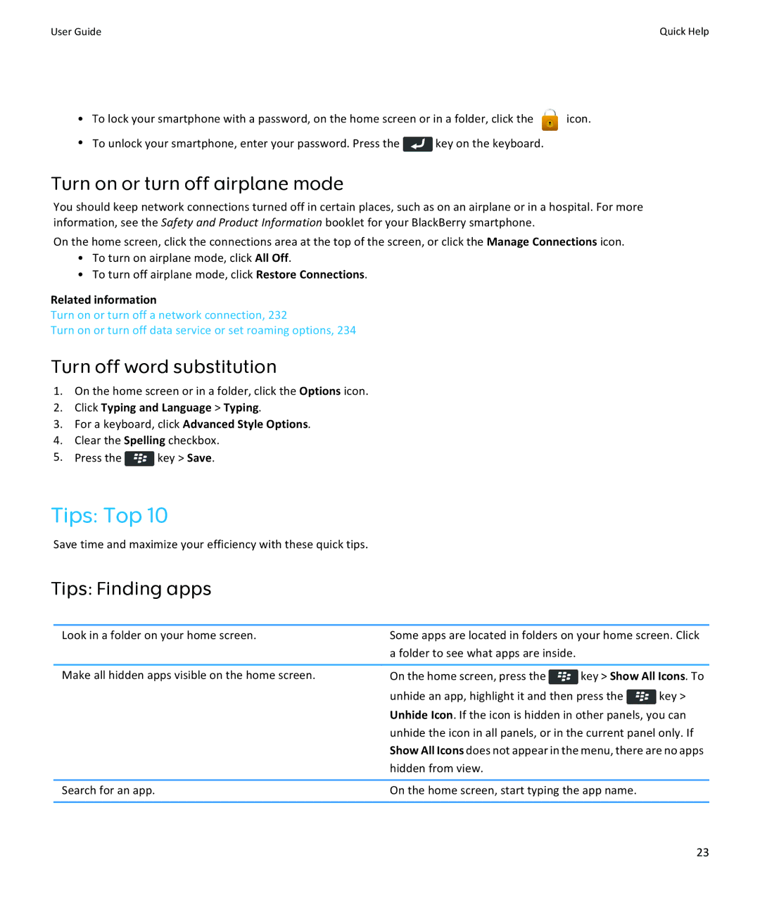 Blackberry 9350, 9360, 9370 manual Tips Top, Turn on or turn off airplane mode, Turn off word substitution, Tips Finding apps 