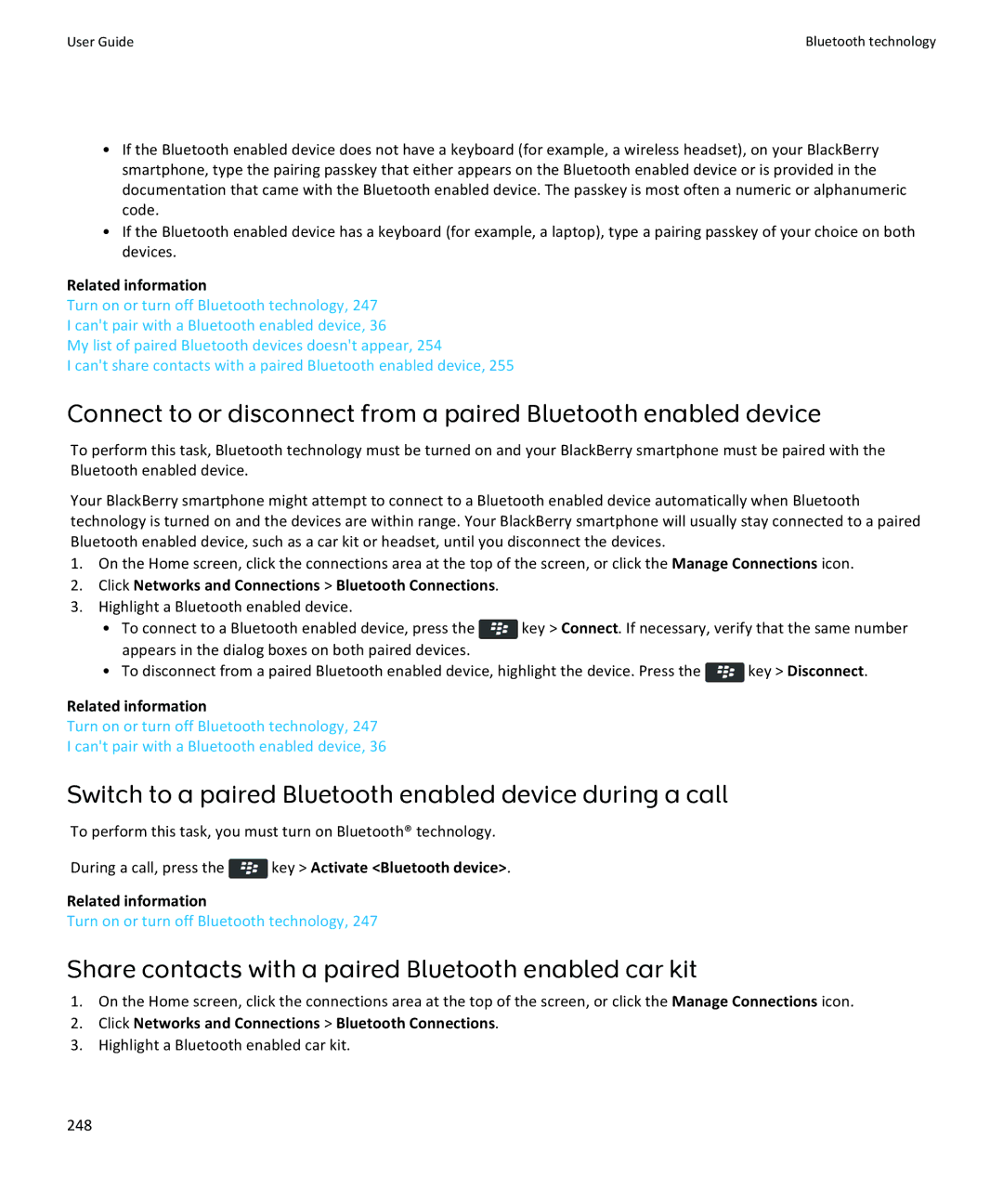 Blackberry 9350, 9360 Switch to a paired Bluetooth enabled device during a call, Highlight a Bluetooth enabled car kit 248 