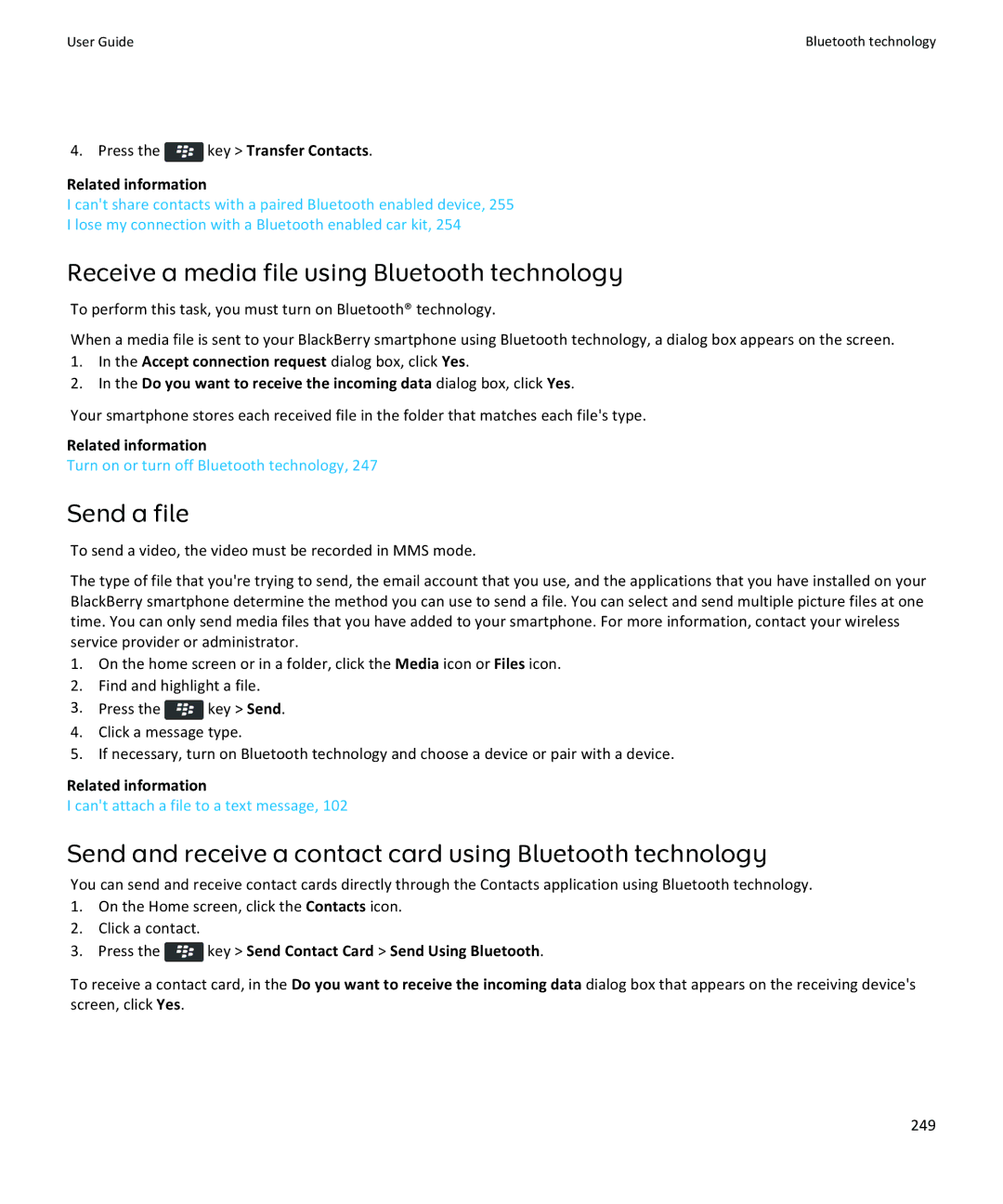 Blackberry 9370, 9360, 9350 Send and receive a contact card using Bluetooth technology, Press the key Transfer Contacts 