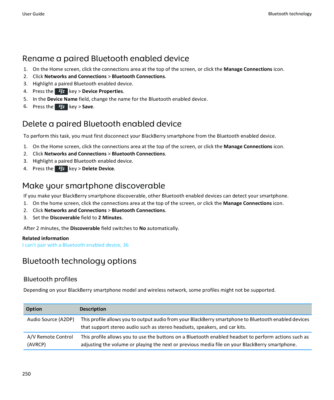 Blackberry 9360 Rename a paired Bluetooth enabled device, Delete a paired Bluetooth enabled device, Bluetooth profiles 