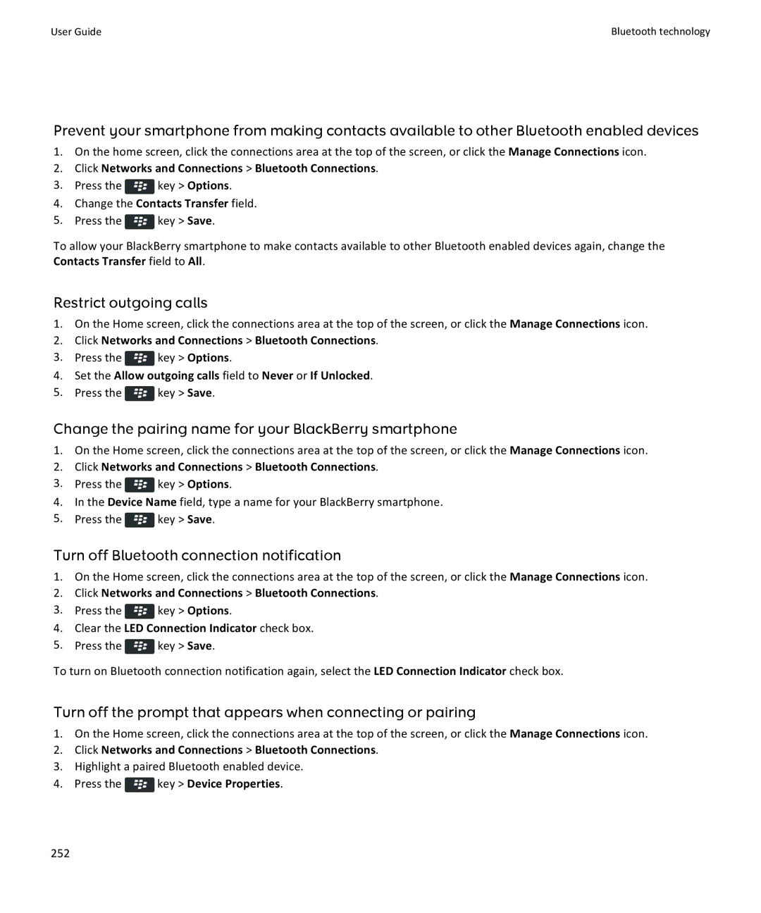 Blackberry 9370, 9360, 9350 manual Restrict outgoing calls, Change the pairing name for your BlackBerry smartphone 