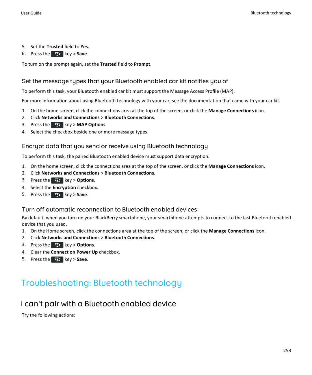 Blackberry 9360, 9350, 9370 manual Troubleshooting Bluetooth technology, Clear the Connect on Power Up checkbox 