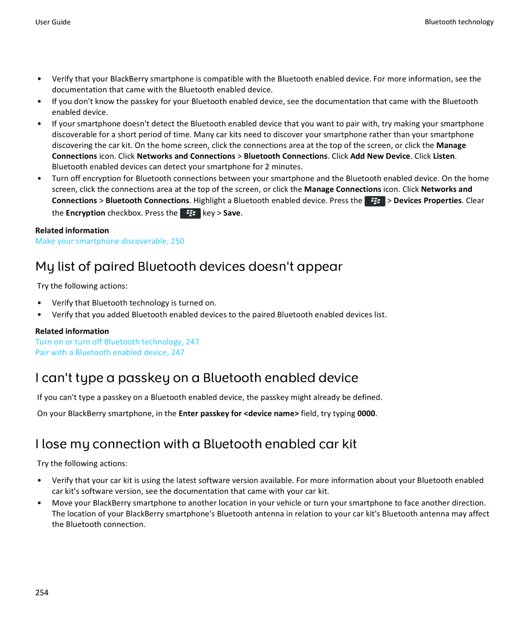 Blackberry 9350, 9360 My list of paired Bluetooth devices doesnt appear, Cant type a passkey on a Bluetooth enabled device 