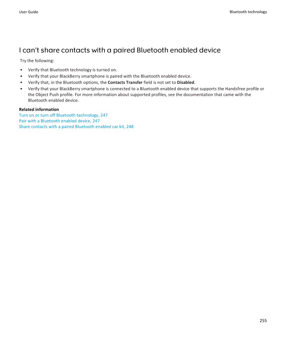 Blackberry 9370, 9360, 9350 manual Cant share contacts with a paired Bluetooth enabled device, 255 