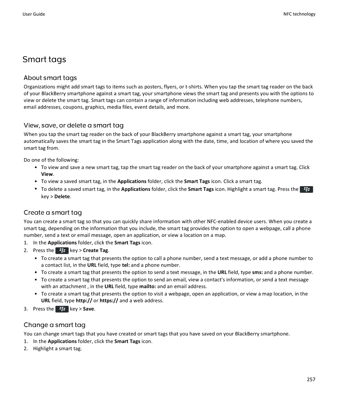 Blackberry 9350 Smart tags, About smart tags, View, save, or delete a smart tag, Create a smart tag, Change a smart tag 