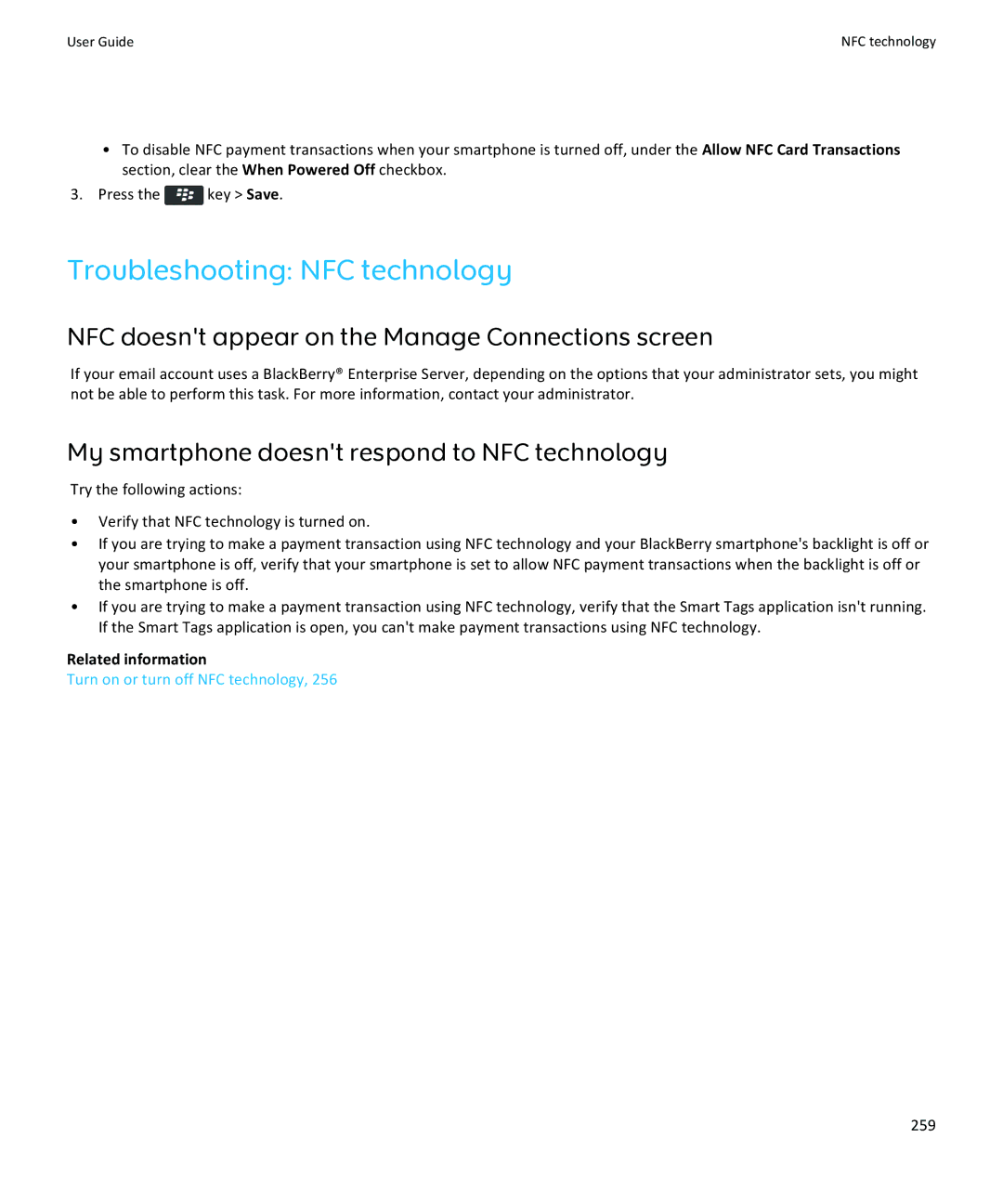 Blackberry 9360, 9350, 9370 manual Troubleshooting NFC technology, NFC doesnt appear on the Manage Connections screen, 259 