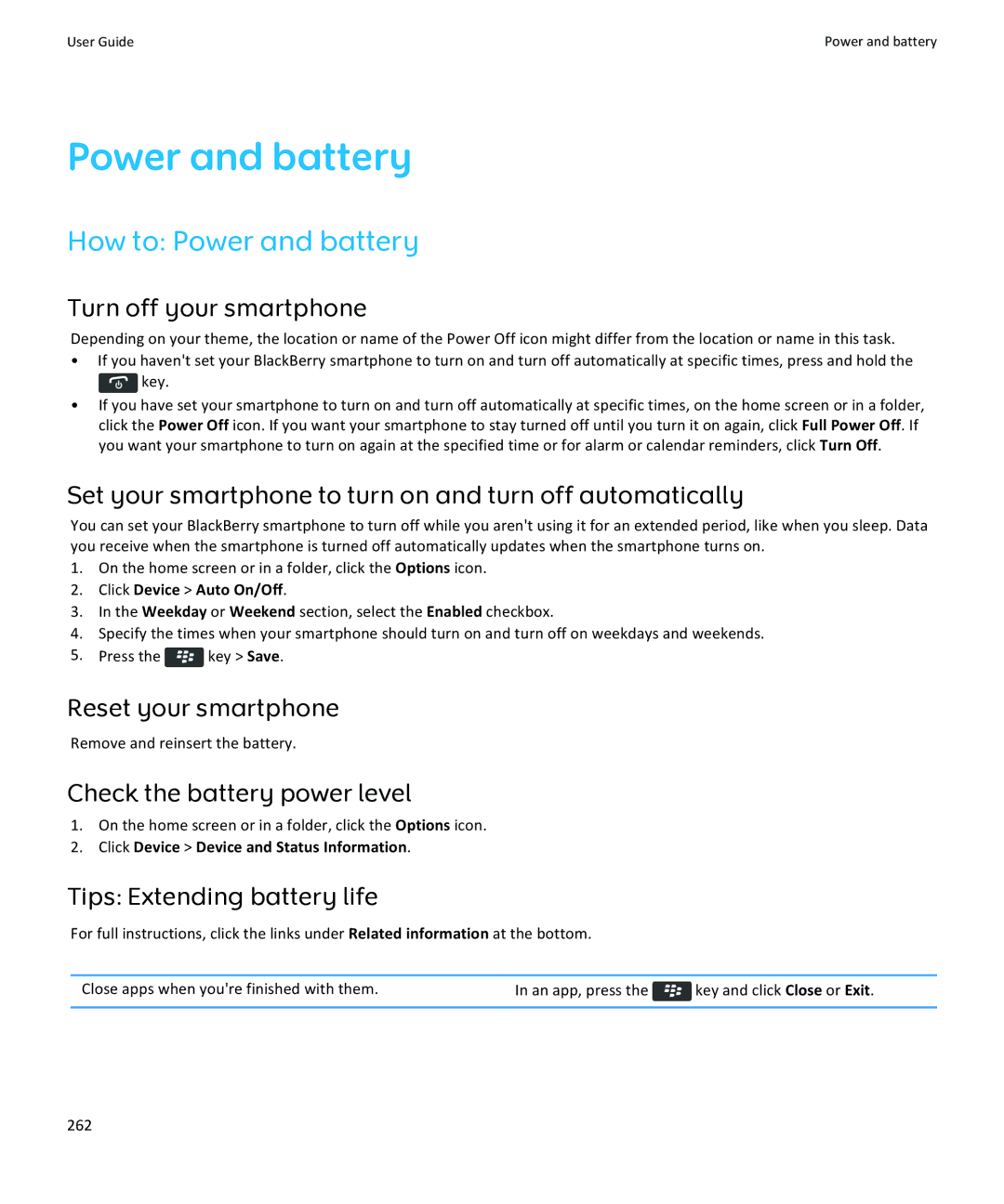 Blackberry 9360, 9350, 9370 manual How to Power and battery 