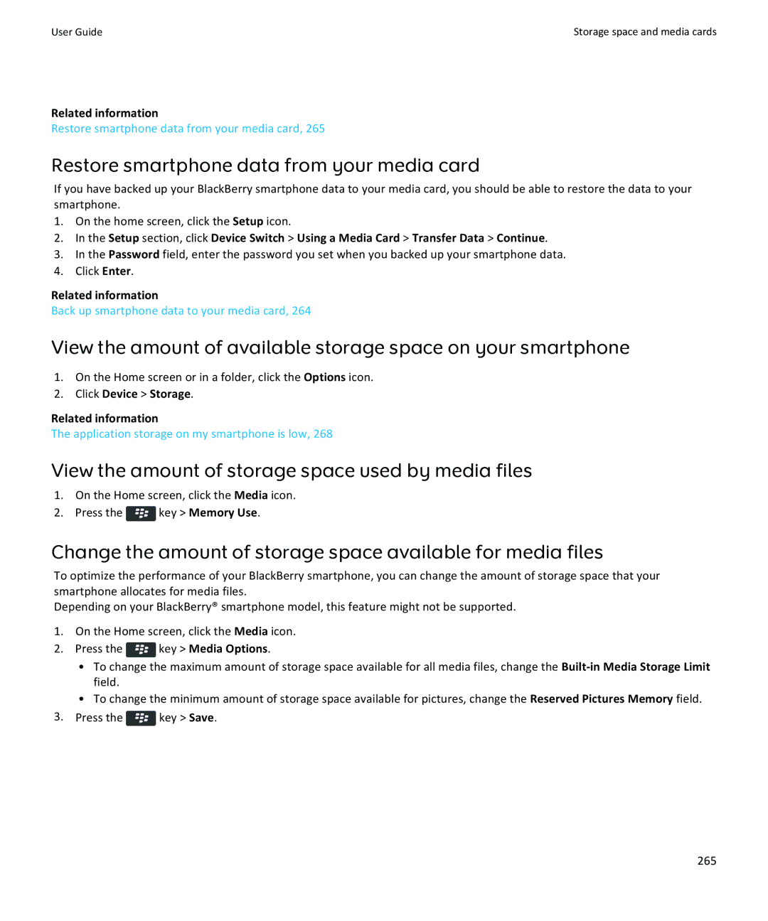 Blackberry 9360, 9350 Restore smartphone data from your media card, View the amount of storage space used by media files 