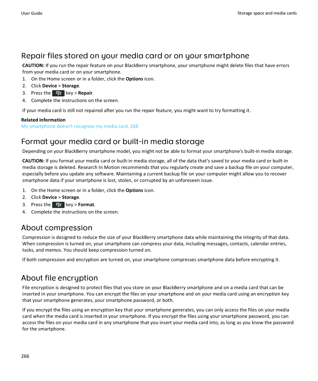 Blackberry 9350, 9360, 9370 manual Format your media card or built-in media storage, About compression, About file encryption 