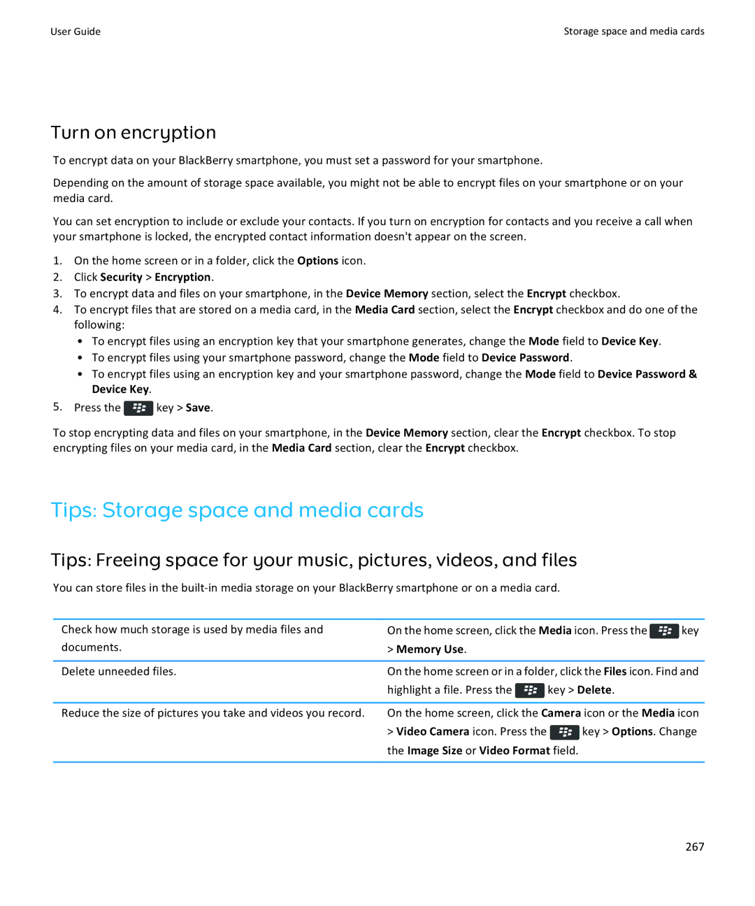 Blackberry 9370, 9360, 9350 manual Tips Storage space and media cards, Turn on encryption, Click Security Encryption, 267 