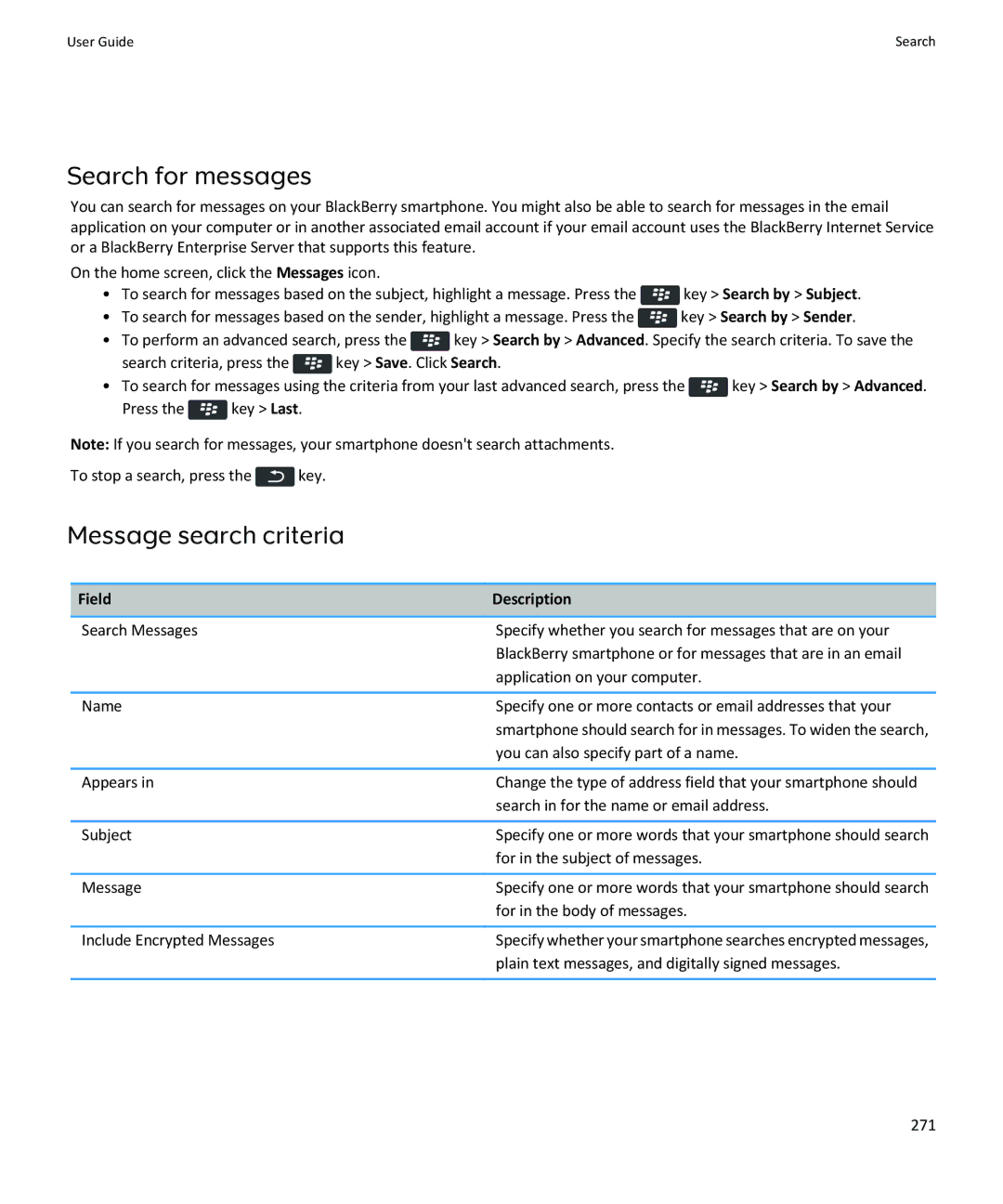 Blackberry 9360, 9350, 9370 manual Search for messages, Message search criteria, Field Description 