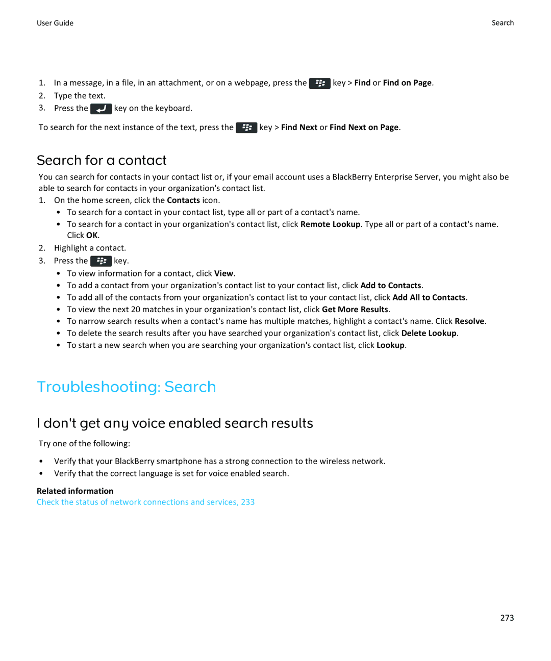 Blackberry 9370, 9360, 9350 Troubleshooting Search, Search for a contact, Dont get any voice enabled search results, 273 