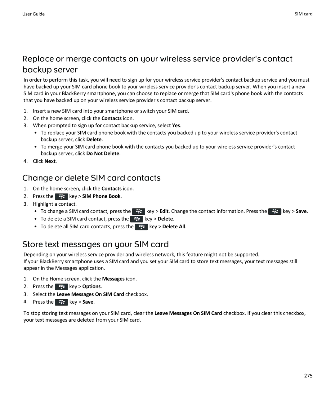Blackberry 9350, 9360, 9370 manual Change or delete SIM card contacts, Store text messages on your SIM card 