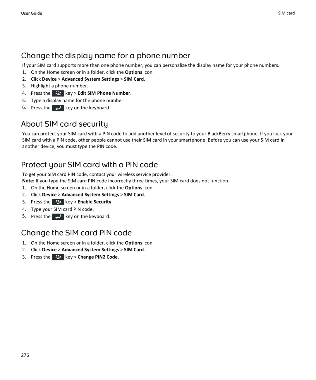 Blackberry 9370 Change the display name for a phone number, About SIM card security, Protect your SIM card with a PIN code 