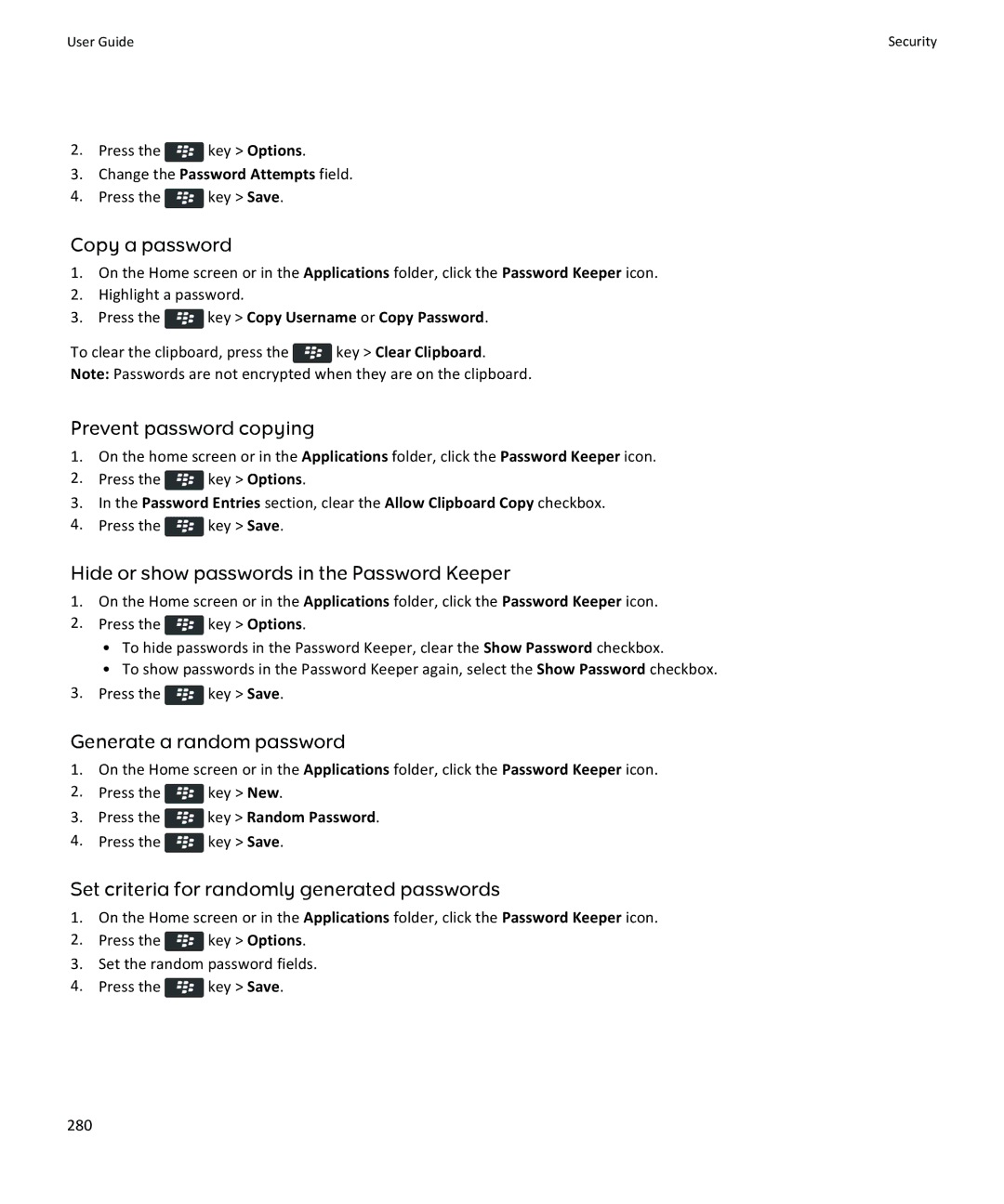 Blackberry 9360, 9350, 9370 manual Copy a password, Prevent password copying, Hide or show passwords in the Password Keeper 