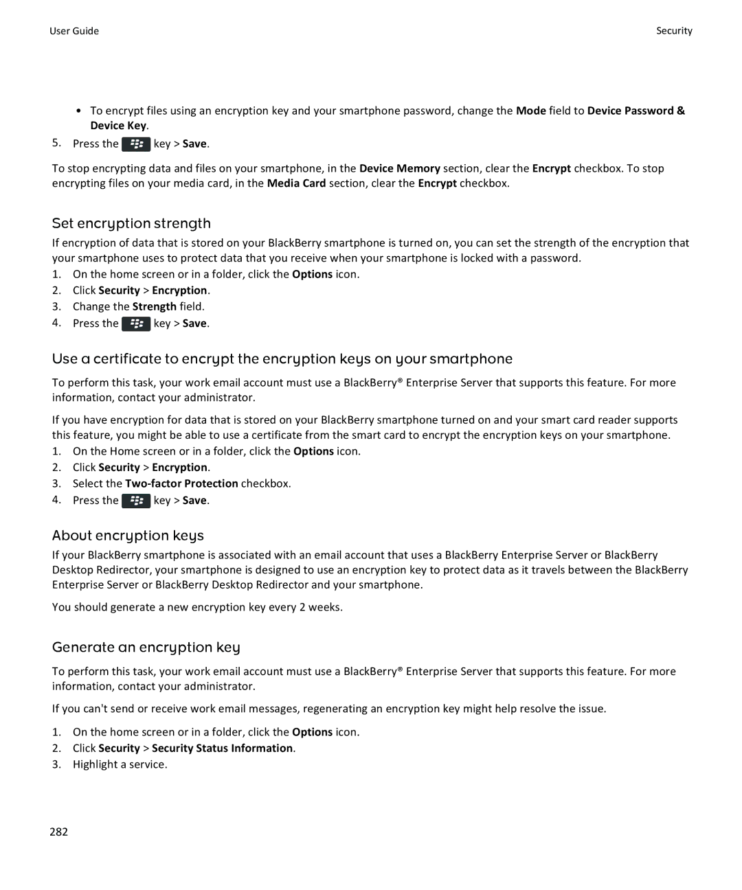 Blackberry 9370, 9360, 9350 manual Set encryption strength, About encryption keys, Generate an encryption key 