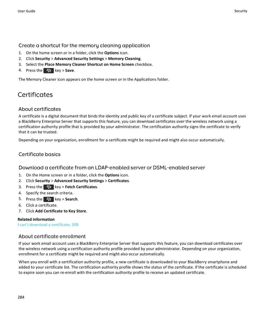 Blackberry 9350, 9360, 9370 manual Certificates, Create a shortcut for the memory cleaning application, About certificates 