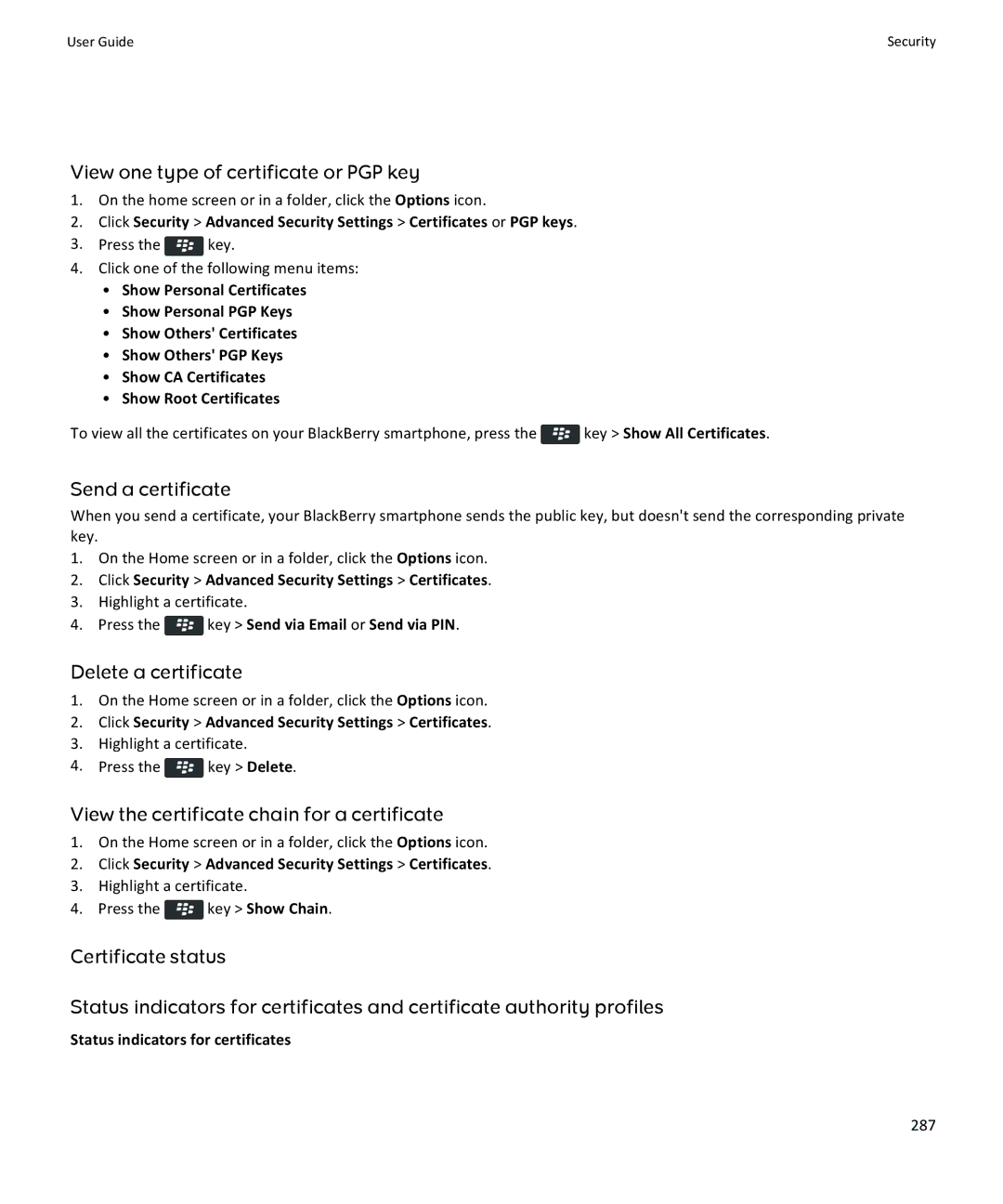 Blackberry 9350, 9360, 9370 manual View one type of certificate or PGP key, Send a certificate, Delete a certificate 