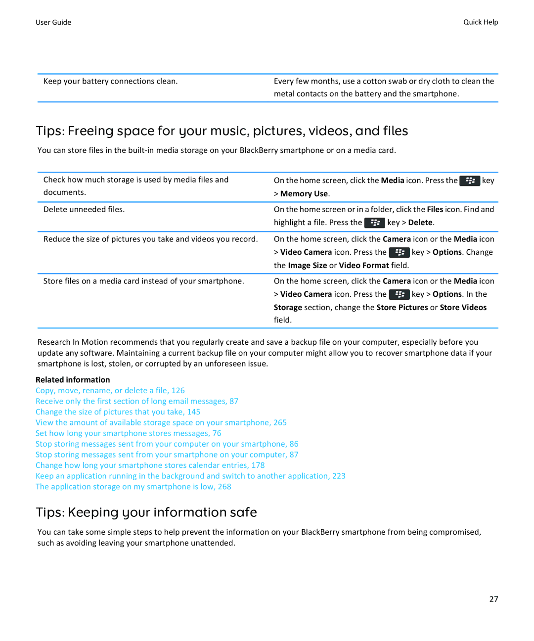 Blackberry 9370, 9360, 9350 manual Tips Keeping your information safe, Memory Use, Image Size or Video Format field 