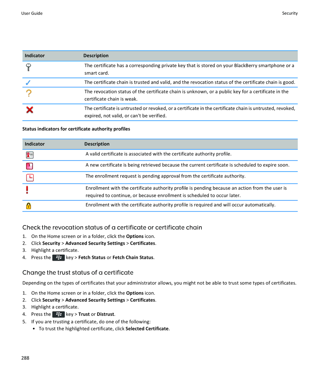 Blackberry 9370, 9360, 9350 manual Change the trust status of a certificate, Press the key Fetch Status or Fetch Chain Status 