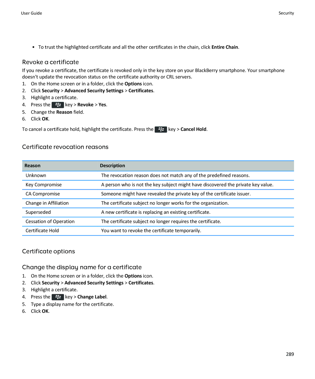 Blackberry 9360, 9350, 9370 manual Revoke a certificate, Certificate revocation reasons, Reason Description 