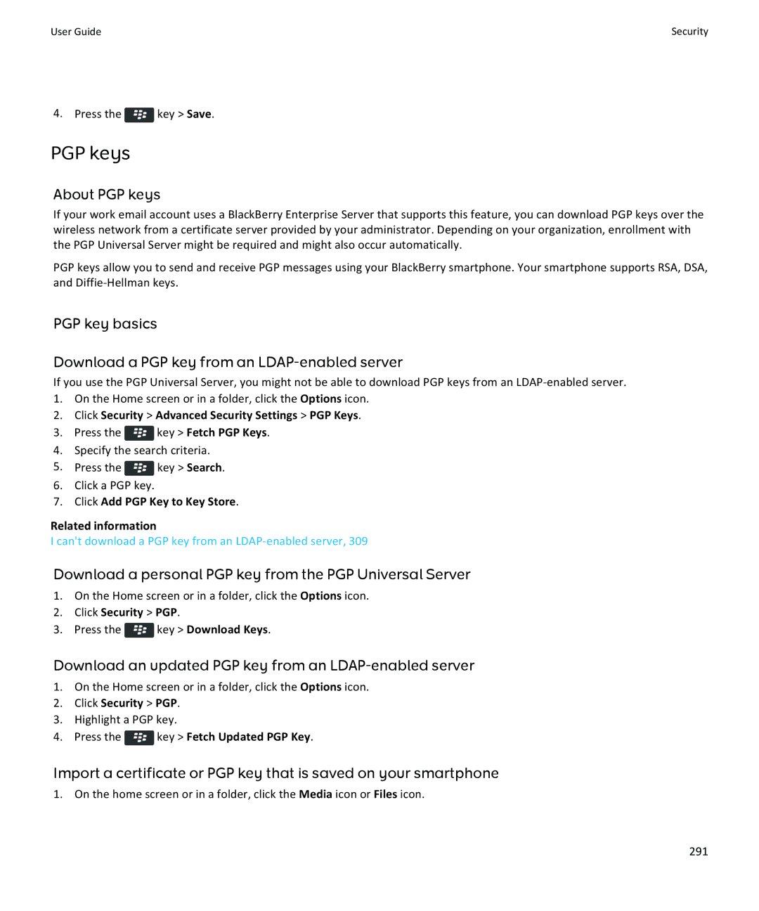 Blackberry 9370, 9360, 9350 manual About PGP keys, Download a personal PGP key from the PGP Universal Server 