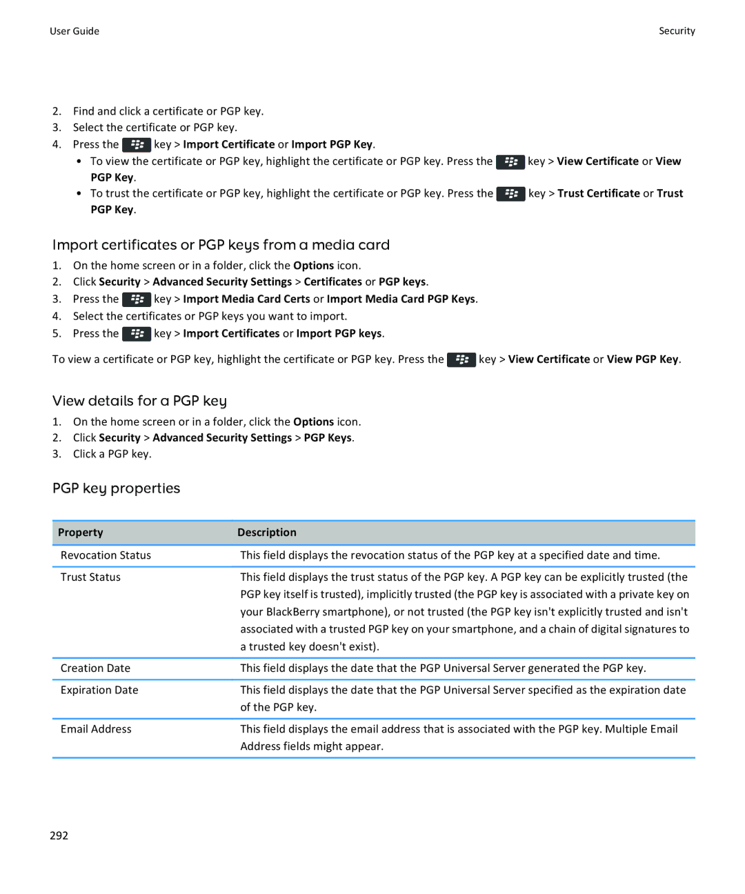 Blackberry 9360, 9350, 9370 manual View details for a PGP key, PGP key properties 